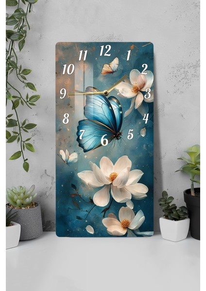 Mavi Kelebek ve Çiçek Temalı Temperli Cam Tablo Saat – 30×60 Cm– CUSD145