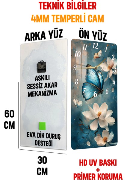 Mavi Kelebek ve Çiçek Temalı Temperli Cam Tablo Saat – 30×60 Cm– CUSD145