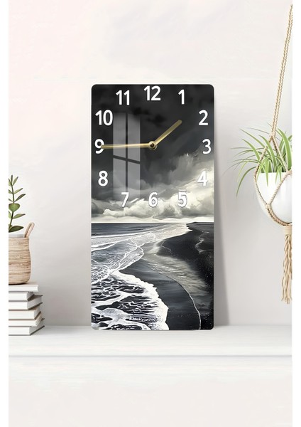 Siyah Beyaz Sahil Dalgaları Temalı Temperli Cam Duvar Saati – 30X60 cm Uv Baskı– CUSD065