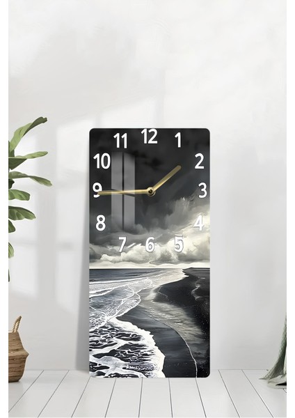 Siyah Beyaz Sahil Dalgaları Temalı Temperli Cam Duvar Saati – 30X60 cm Uv Baskı– CUSD065 modelleri
