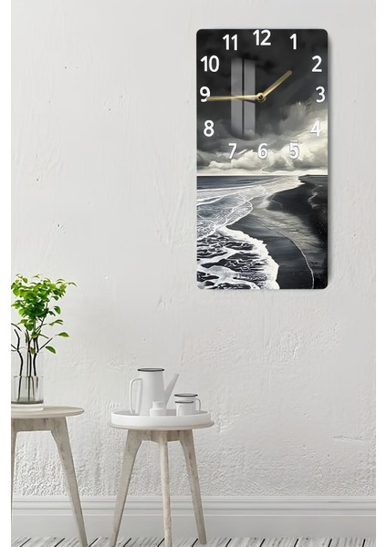 Siyah Beyaz Sahil Dalgaları Temalı Temperli Cam Duvar Saati – 30X60 cm Uv Baskı– CUSD065 indirimleri