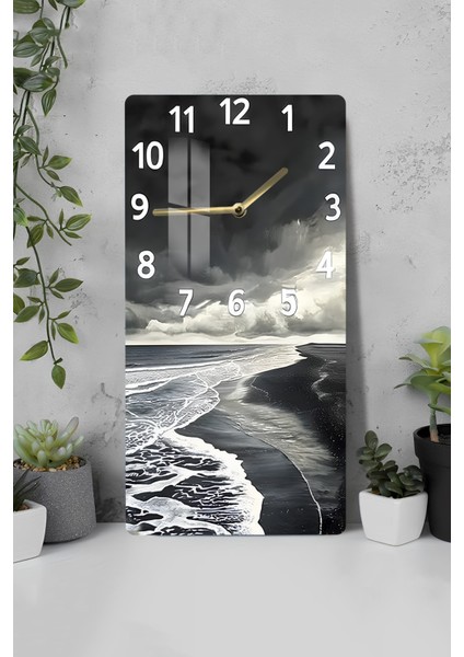Siyah Beyaz Sahil Dalgaları Temalı Temperli Cam Duvar Saati – 30X60 cm Uv Baskı– CUSD065