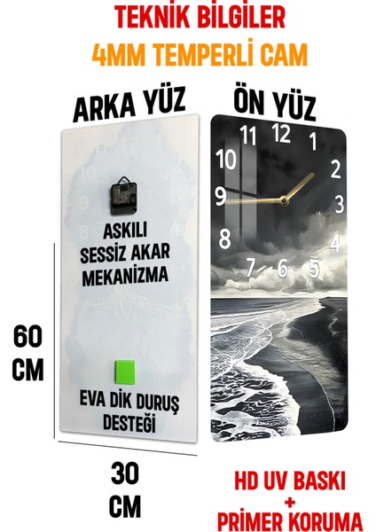 Siyah Beyaz Sahil Dalgaları Temalı Temperli Cam Duvar Saati – 30X60 cm Uv Baskı– CUSD065