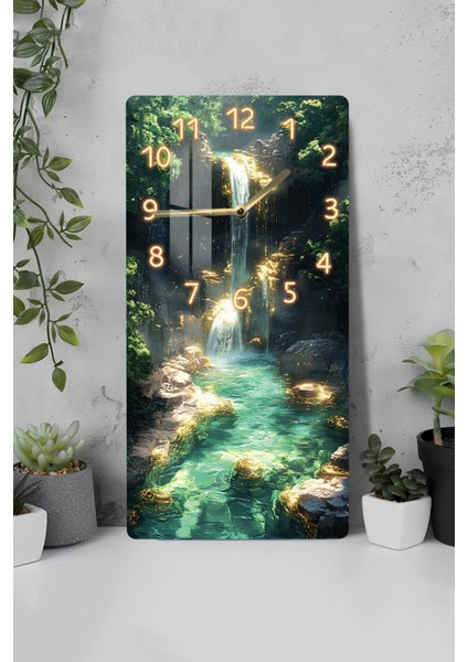 Temperli Cam Tablo Saat – Şelale Manzaralı 30X60 Uv Baskı – CUSD025