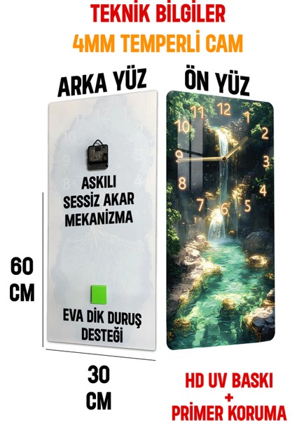 Temperli Cam Tablo Saat – Şelale Manzaralı 30X60 Uv Baskı – CUSD025