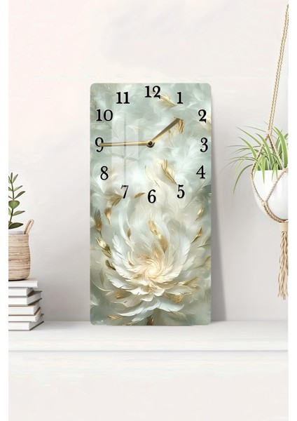 Altın Tüy Desenli Temperli Cam Tablo Saat – 30X60 cm | Hd Uv Baskı– CUSD158