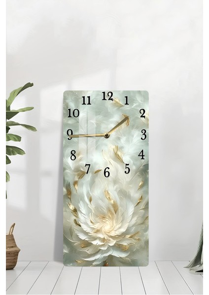 Altın Tüy Desenli Temperli Cam Tablo Saat – 30X60 cm | Hd Uv Baskı– CUSD158 modelleri