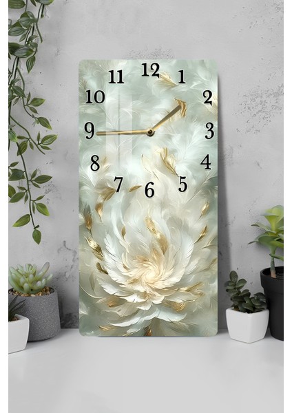Altın Tüy Desenli Temperli Cam Tablo Saat – 30X60 cm | Hd Uv Baskı– CUSD158