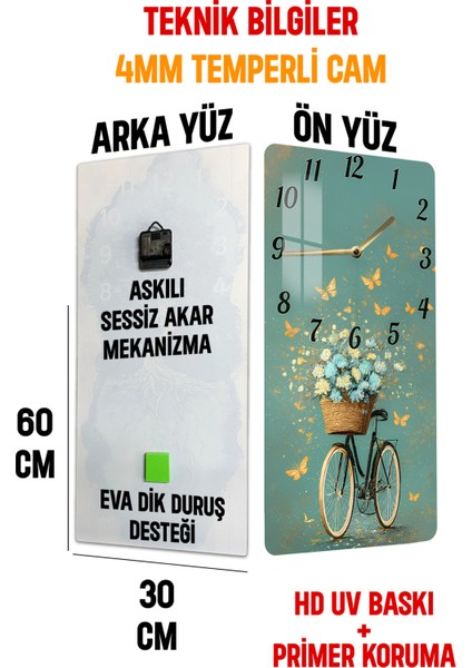 Çiçekli Bisiklet Temalı Temperli Cam Tablo Saat – 30X60 cm | Hd Uv Baskı– CUSD152