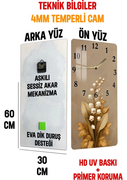 Temperli Cam Tablo Saat – Bej Zeminli Zarif Çiçek Desenli Tasarım (30X60 Cm)– Uv Baskı– CUSD124