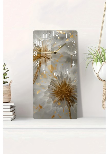 Temperli Cam Tablo Saat – Altın Çiçek Detaylı Modern Dekoratif Tasarım (30X60CM)– Uv Baskı– CUSD122