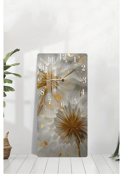 Temperli Cam Tablo Saat – Altın Çiçek Detaylı Modern Dekoratif Tasarım (30X60CM)– Uv Baskı– CUSD122 modelleri