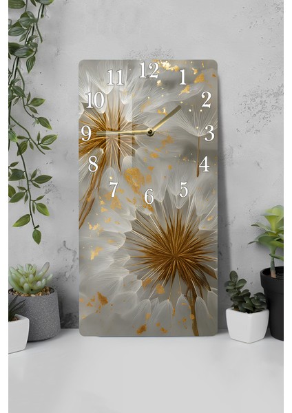 Temperli Cam Tablo Saat – Altın Çiçek Detaylı Modern Dekoratif Tasarım (30X60CM)– Uv Baskı– CUSD122
