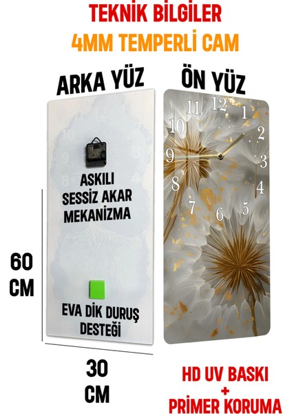 Temperli Cam Tablo Saat – Altın Çiçek Detaylı Modern Dekoratif Tasarım (30X60CM)– Uv Baskı– CUSD122