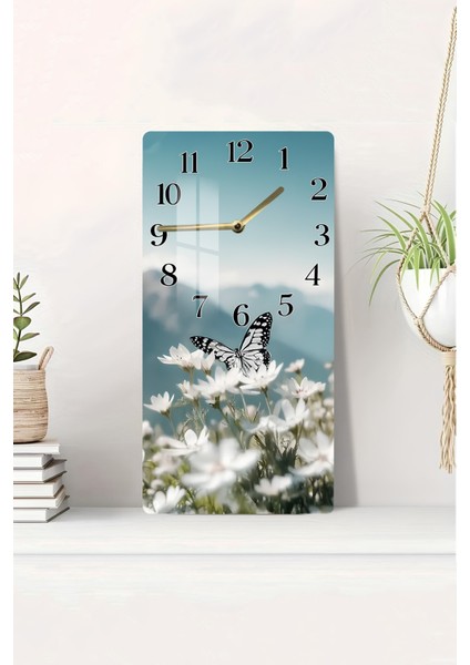 Kelebekli Bahar Çiçekleri Temalı Temperli Cam Duvar Saati – 30X60 cm Hd Uv Baskı– CUSD053