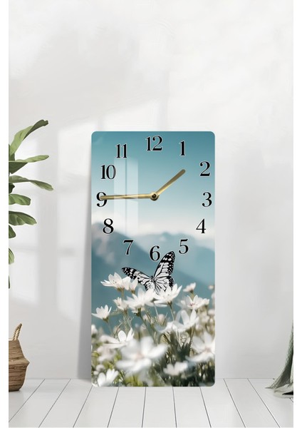 Kelebekli Bahar Çiçekleri Temalı Temperli Cam Duvar Saati – 30X60 cm Hd Uv Baskı– CUSD053 modelleri