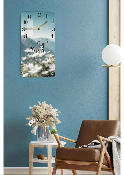 Kelebekli Bahar Çiçekleri Temalı Temperli Cam Duvar Saati – 30X60 cm Hd Uv Baskı– CUSD053 fırsatları