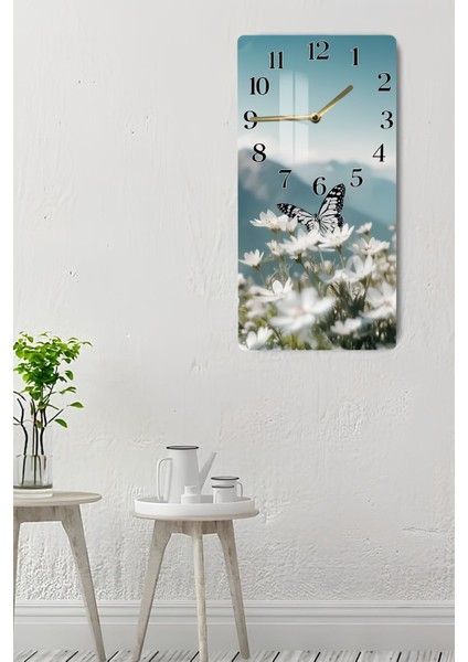 Kelebekli Bahar Çiçekleri Temalı Temperli Cam Duvar Saati – 30X60 cm Hd Uv Baskı– CUSD053 indirimleri