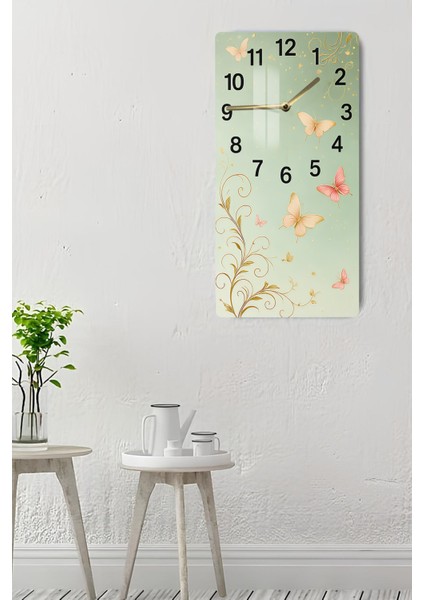 Pastel Yeşil Zemin Üzerinde Kelebek Desenli Temperli Cam Tablo Saat 30×60 cm Hd Uv Baskı– CUSD244 indirimleri