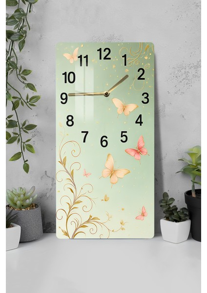 Pastel Yeşil Zemin Üzerinde Kelebek Desenli Temperli Cam Tablo Saat 30×60 cm Hd Uv Baskı– CUSD244
