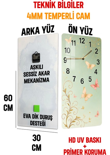 Pastel Yeşil Zemin Üzerinde Kelebek Desenli Temperli Cam Tablo Saat 30×60 cm Hd Uv Baskı– CUSD244