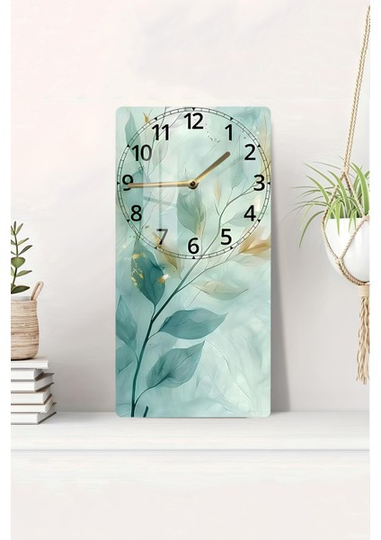 Yeşil Yaprak Desenli Temperli Cam Tablo Saat – 30×60 cm Hd Uv Baskı– CUSD211