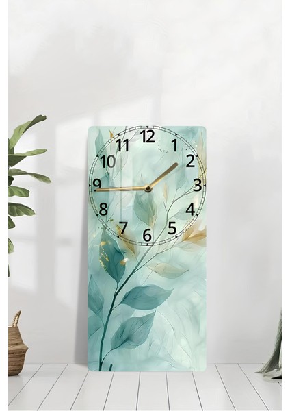 Yeşil Yaprak Desenli Temperli Cam Tablo Saat – 30×60 cm Hd Uv Baskı– CUSD211 modelleri