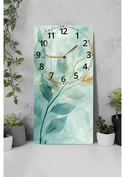 Yeşil Yaprak Desenli Temperli Cam Tablo Saat – 30×60 cm Hd Uv Baskı– CUSD211
