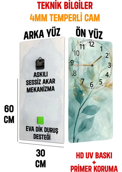 Yeşil Yaprak Desenli Temperli Cam Tablo Saat – 30×60 cm Hd Uv Baskı– CUSD211