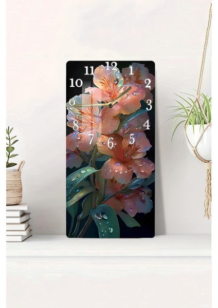 Turuncu Çiçek Desenli Temperli Cam Tablo Saat – 30X60 cm | Hd Uv Baskı– CUSD169