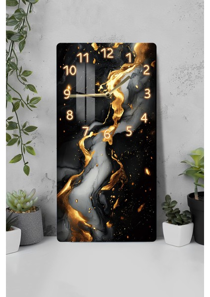 Temperli Cam Tablo Saat – 30X60 cm Modern Gold & Siyah Desen – CUSD020
