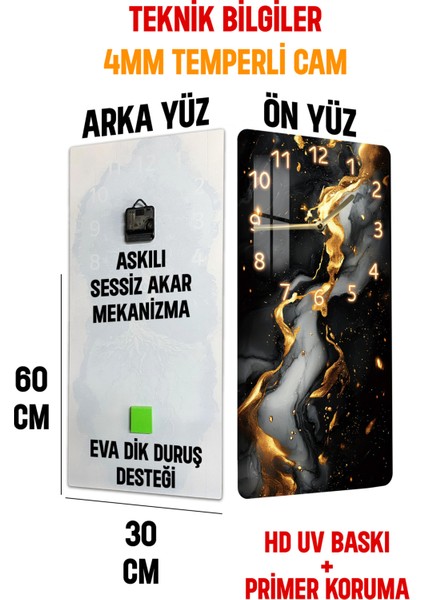 Temperli Cam Tablo Saat – 30X60 cm Modern Gold & Siyah Desen – CUSD020
