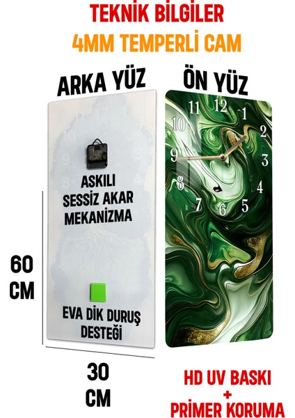Zümrüt Yeşili Mermer Desenli Temperli Cam Tablo Saat 30×60 cm Hd Uv Baskı– CUSD235
