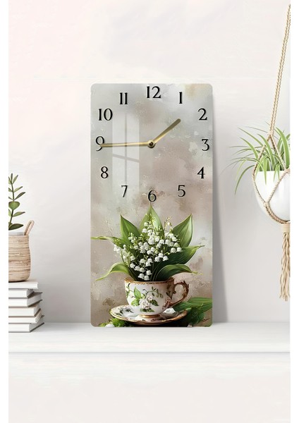 Zambak Buketi Fincan Desenli Temperli Cam Tablo Saat 30X60 cm | Hd Uv Baskı– CUSD196
