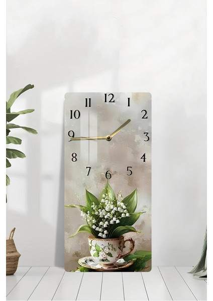 Zambak Buketi Fincan Desenli Temperli Cam Tablo Saat 30X60 cm | Hd Uv Baskı– CUSD196 modelleri