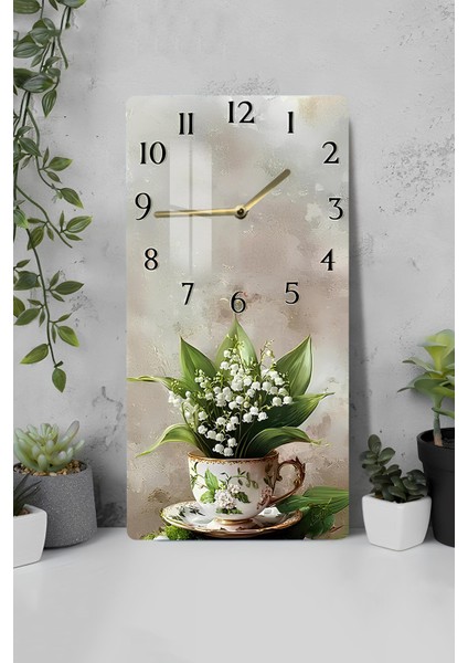 Zambak Buketi Fincan Desenli Temperli Cam Tablo Saat 30X60 cm | Hd Uv Baskı– CUSD196