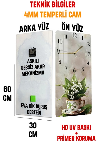 Zambak Buketi Fincan Desenli Temperli Cam Tablo Saat 30X60 cm | Hd Uv Baskı– CUSD196