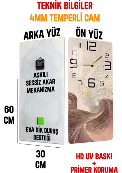 Soyut Dalgalar ve Çizgiler Temalı Temperli Cam Tablo Saat 30X60 cm | Hd Uv Baskı– CUSD193