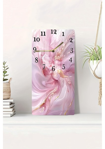 Pembe Soyut Desenli Temperli Cam Tablo Saat – 30X60 cm | Hd Uv Baskı– CUSD166