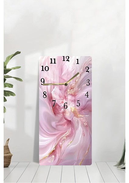 Pembe Soyut Desenli Temperli Cam Tablo Saat – 30X60 cm | Hd Uv Baskı– CUSD166 modelleri