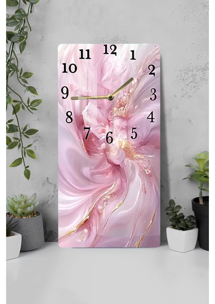 Pembe Soyut Desenli Temperli Cam Tablo Saat – 30X60 cm | Hd Uv Baskı– CUSD166