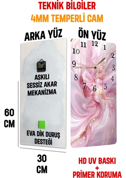 Pembe Soyut Desenli Temperli Cam Tablo Saat – 30X60 cm | Hd Uv Baskı– CUSD166