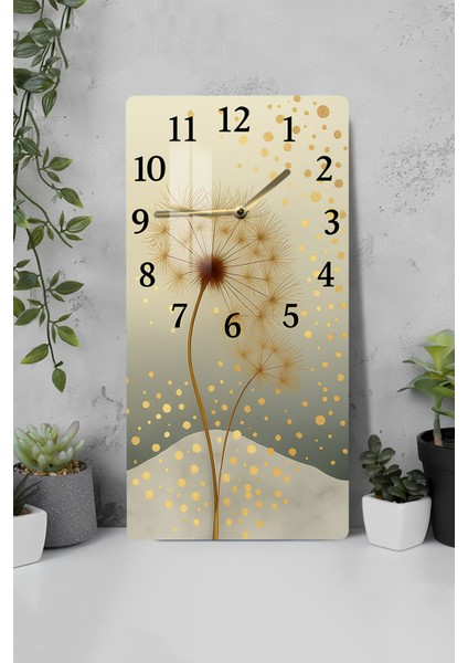 Temperli Cam Tablo Saat – Altın Noktalı Karahindiba Desenli Tasarım (30X60 Cm)– Uv Baskı– CUSD116