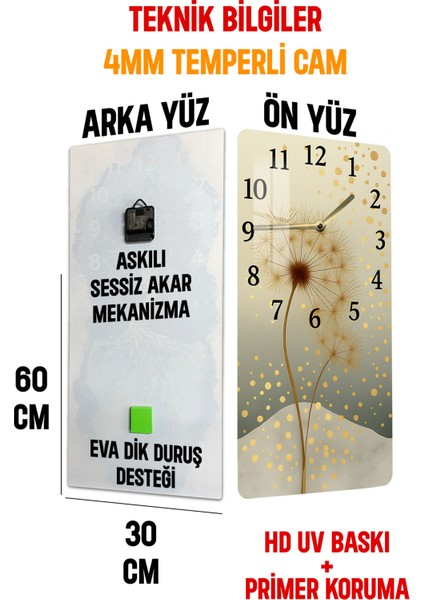 Temperli Cam Tablo Saat – Altın Noktalı Karahindiba Desenli Tasarım (30X60 Cm)– Uv Baskı– CUSD116