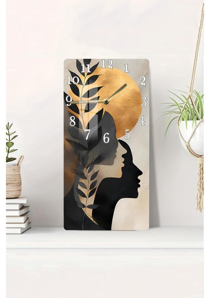 Temperli Cam Tablo Saat – Altın Yaprak ve Yüz Silüetli Modern Tasarım (33×33 Cm)– Uv Baskı– CUSD106