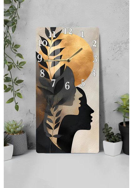 Temperli Cam Tablo Saat – Altın Yaprak ve Yüz Silüetli Modern Tasarım (33×33 Cm)– Uv Baskı– CUSD106