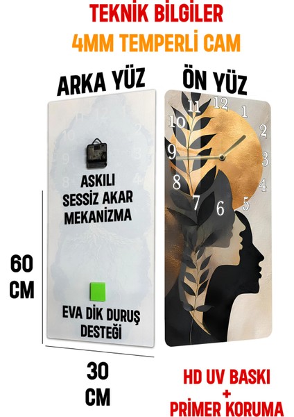 Temperli Cam Tablo Saat – Altın Yaprak ve Yüz Silüetli Modern Tasarım (33×33 Cm)– Uv Baskı– CUSD106