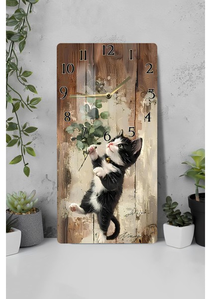 Sevimli Siyah Beyaz Kedi Temalı Temperli Cam Duvar Saati – 30X60 cm Hd Uv Baskı– CUSD058