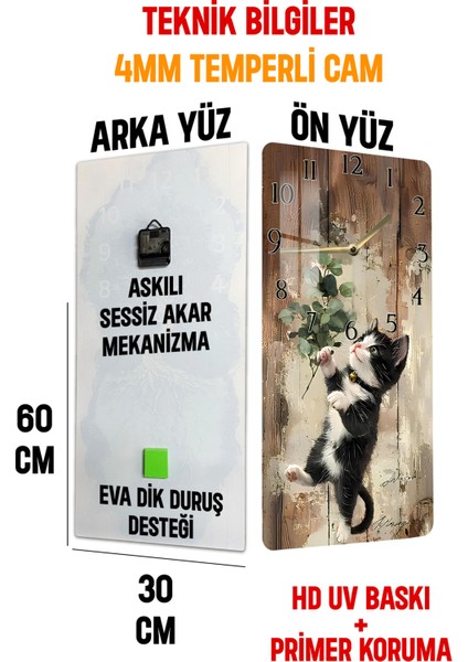 Sevimli Siyah Beyaz Kedi Temalı Temperli Cam Duvar Saati – 30X60 cm Hd Uv Baskı– CUSD058