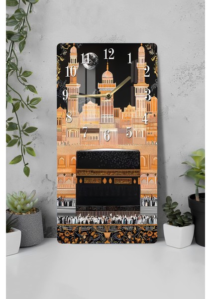 Kâbe Gece Manzaralı Temperli Cam Tablo Saat 30X60 cm | Hd Uv Baskı– CUSD179
